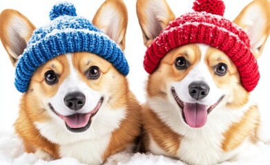 Fototapeta na wymiar Two cute Corgi dogs, both red, are sitting close to each other in the park during a winter walk, dressed up in amusing warm knitted hats as snow falls