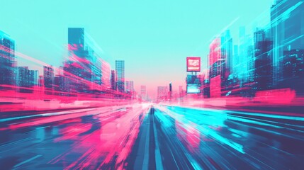 Obraz premium Cloud-based digital transformation strategy, futuristic city streets with transparent digital billboards.