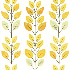 Pattern of yellow and green leaves is printed on a white background