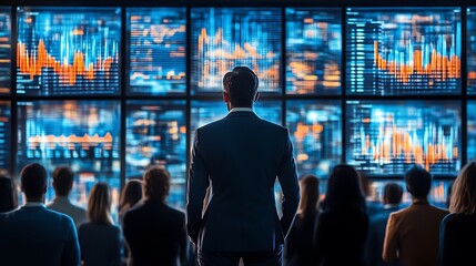 Businessman addressing colleagues, reviewing data on large screens.