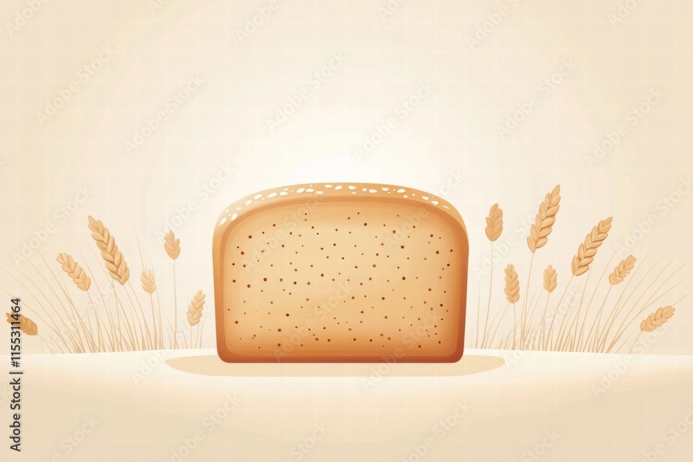 Poster minimalist design featuring a loaf of bread surrounded by wheat grains in a serene setting, perfect 