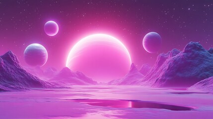 Vibrant Pink Alien Landscape: Futuristic 3D Render of Glowing Planets and Frozen Mountains. AI Generated
