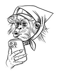 Stylishly dressed monkey takes a selfie with smartphone, abstract hand drawn vector illustration