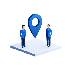 Two individuals in blue suits stand on a platform, with a prominent location pin symbolizing navigation or meeting point.