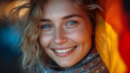 Radiant young woman smiling warmly, draped in vibrant fabric, exuding positivity and joy. Perfect for lifestyle and cultural themes.