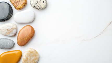 Smooth and Colorful Pebbles Arranged on a Soft White Surface Creating a Serene and Minimalist Background for Design and Art Projects