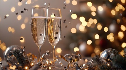 Elegant Champagne Glasses Glowing Amidst Festive Lights and Silver Decorations for Celebration and New Year&rsquo;s Events