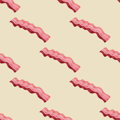 Bacon seamless pattern with cream background in a noise grainy texture style breakfast concept, illustration