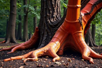 Decaying tree trunks with vibrant red-orange bark and twisted limbs, decay, abstract