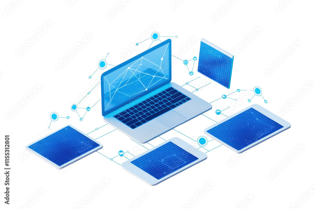 Poster a modern laptop connected to multiple devices, showcasing a network of technology and digital data e