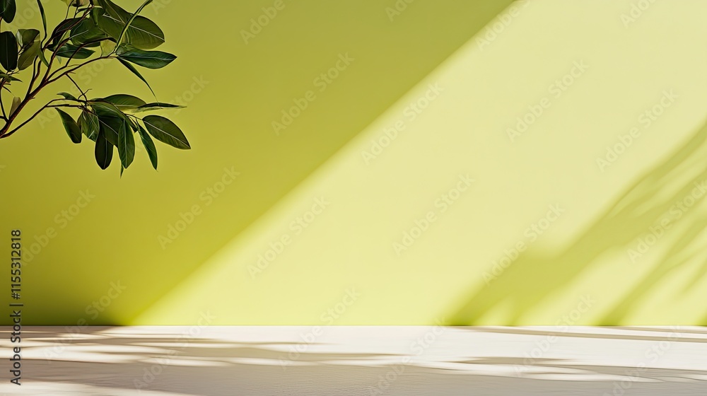 Poster bright green background with shadow play from leaves creating a calm and serene indoor atmosphere