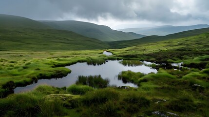 Mountain pond in a green valley works as an educational environmental banner.