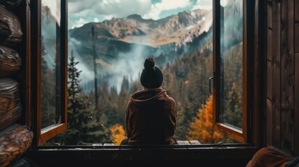 Fototapeta premium A person looking out from a mountain cabin, feeling cozy and reflective