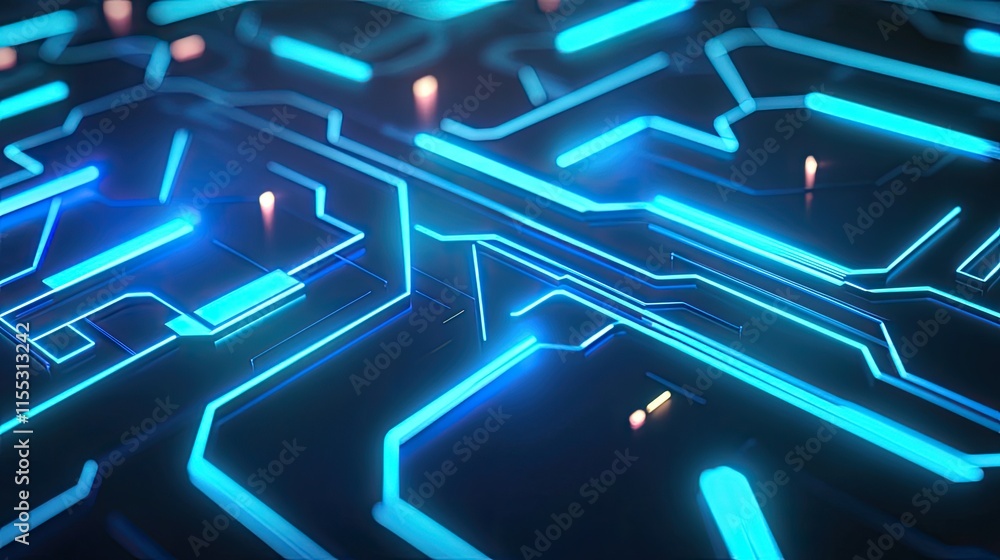 Poster futuristic abstract digital circuit board design with glowing blue lines and lights on dark backgrou