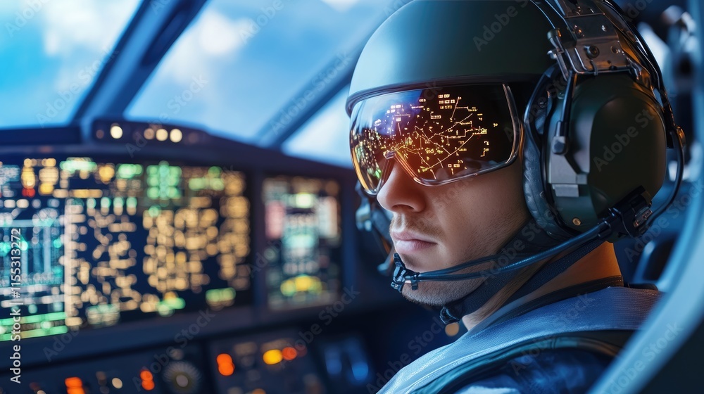 Poster helicopter pilot wearing advanced headset and reflective goggles inside cockpit with high-tech instr