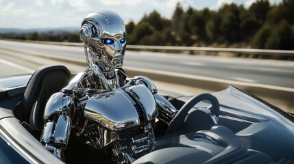 A humanoid robot navigates a convertible sports car on an open highway, its reflective chrome surface gleaming under the bright sunlight