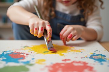 Close-up of a young child painting colorful abstract strokes on a canvas, their hands covered in vibrant paint, showcasing creativity, playfulness, and artistic exploration