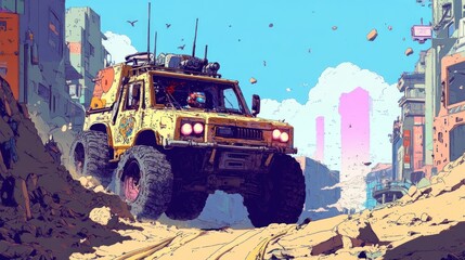 A robot driver in a heavily armored vehicle navigating through a post-apocalyptic wasteland, the environment rugged and chaotic.