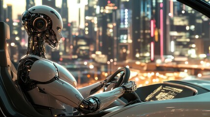 Naklejka premium A sleek humanoid robot sits confidently in the seat of a futuristic car, its metallic hands gripping the wheel, surrounded by a high-tech cityscape at dusk