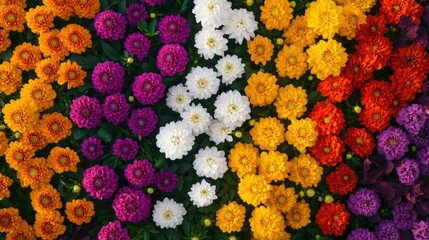 Vibrantly Colorful Blooming Zinnias in a Spectacular Array of Yellow, Orange, Purple, and White Flowers Captured from Above for Nature Enthusiasts