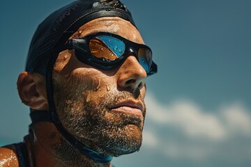 A focused male triathlete wearing goggles and a swim cap, looking determinedly into the distance on a sunny day.