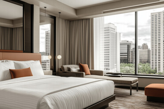 Modern hotel room with city view, elegant design and comfort. Generative Ai