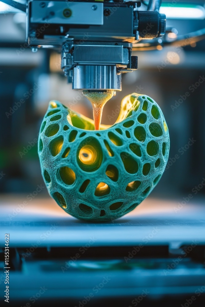 Aufkleber 3d printer creating intricate green object. additive manufacturing technology in action