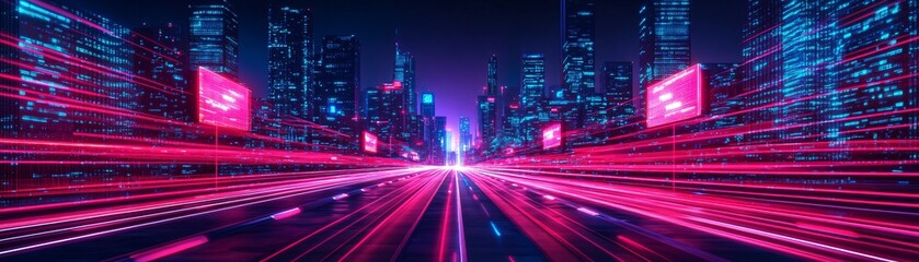 Fototapeta premium Digital transformation + automation + connectivity, a futuristic smart city interconnected with glowing data streams in the sky.