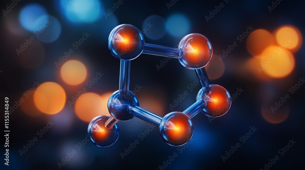 Poster 3d render of an abstract molecular structure, isolated on dark background with bokeh effect
