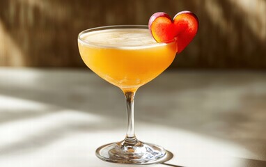 A tropical cocktail with vibrant colors and a heart-shaped fruit garnish, on a clean white surface