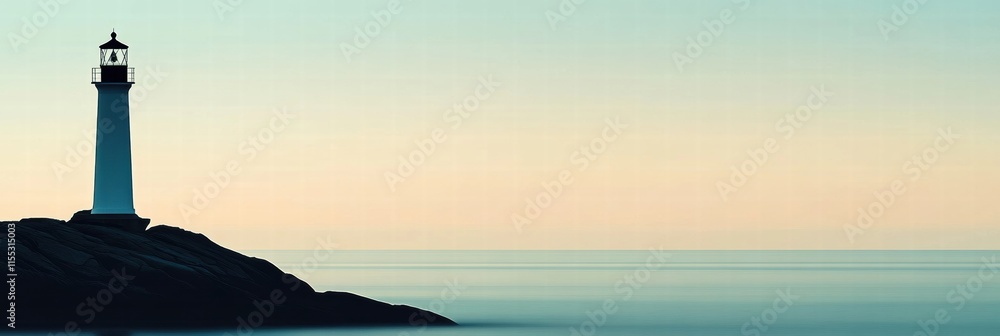 Fototapete lighthouse silhouette standing on a rocky coast at dawn with calm water and minimalist style for tex