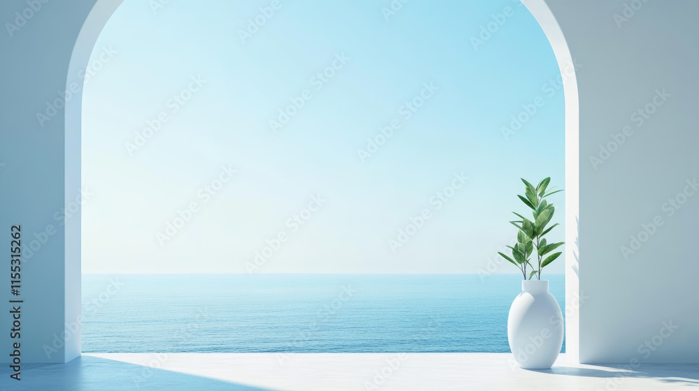 Aufkleber serenity of a coastal view from an arched window with a vase of greenery in bright daylight
