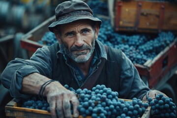 A man is unloading a crate full of grapes in a wine factory, focusing on manual labor and traditional winemaking processes.