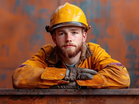 A focused industrial worker in a yellow hard hat and protective gear rests against a metal surface, exemplifying dedication and resilience.