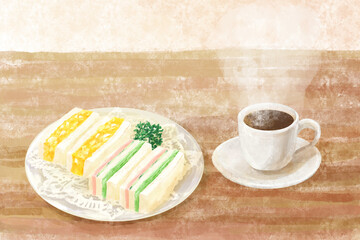 ホットコーヒーとサンドイッチのリラックスした風景