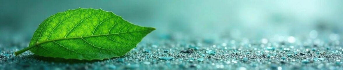 Single green leaf with veins on a frosted metal surface, metal, frost