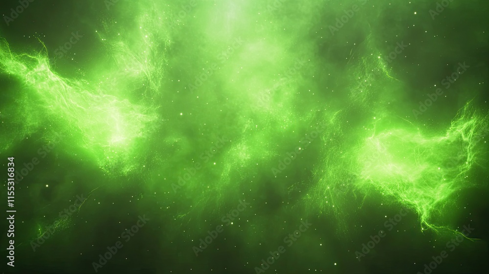 Poster ethereal green cosmic nebula with sparkling stars and mysterious glow in deep space environment
