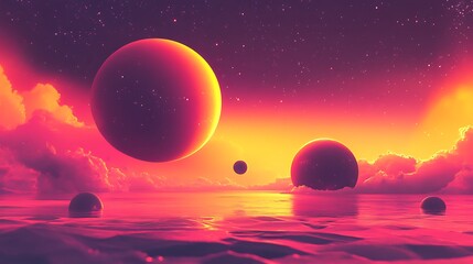Vibrant Digital Painting: Planets Serenely Rise Over a Crimson Sea. AI Generated