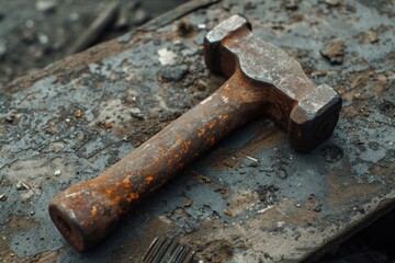 Rusty hammer lying on weathered wood surface, possibly in a workshop or industrial environment