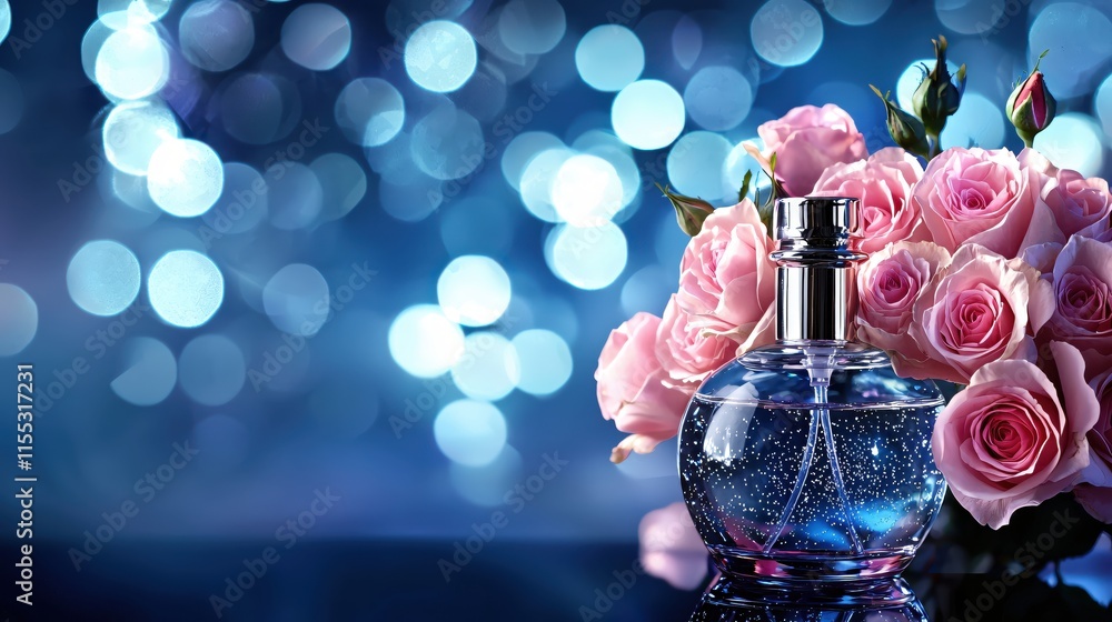 Poster elegant perfume bottle with roses and soft bokeh background
