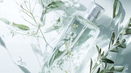 luxury facial toner with clear liquid, botanical ingredients, and sleek glass bottle