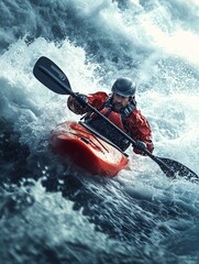 Fearless Kayaker Navigating Intense Whitewater Rapids with Determined Focus