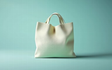 Minimalist tote bag mockup in beige fabric, 3D rendering, pastel mint green background