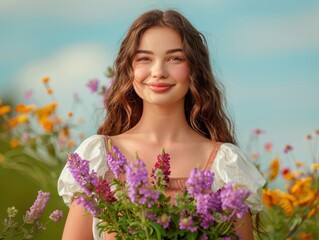 Fototapeta premium A young woman happily poses outdoors surrounded by vibrant blooming flowers, with blue skies in the background, creating a cheerful and lively spring atmosphere.