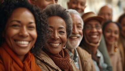 Fototapeta premium Cheerful portrait of a diverse group of adults, showcasing unity and happiness. Ideal for cultural and community themes.