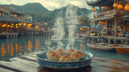 Fototapeta premium Steaming dumplings on a wooden dock overlooking a Chinese water village at dusk.
