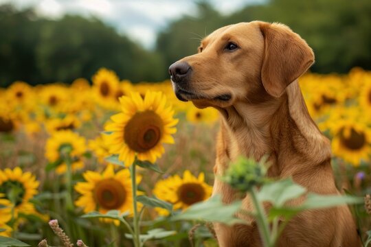 Fox red labrador retriever enjoying a beautiful day in a sunflower field