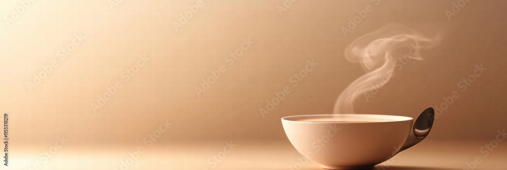 Leinwandbilder warm soup in a minimalist bowl with steam rising and a spoon placed beside it on a soft textured sur