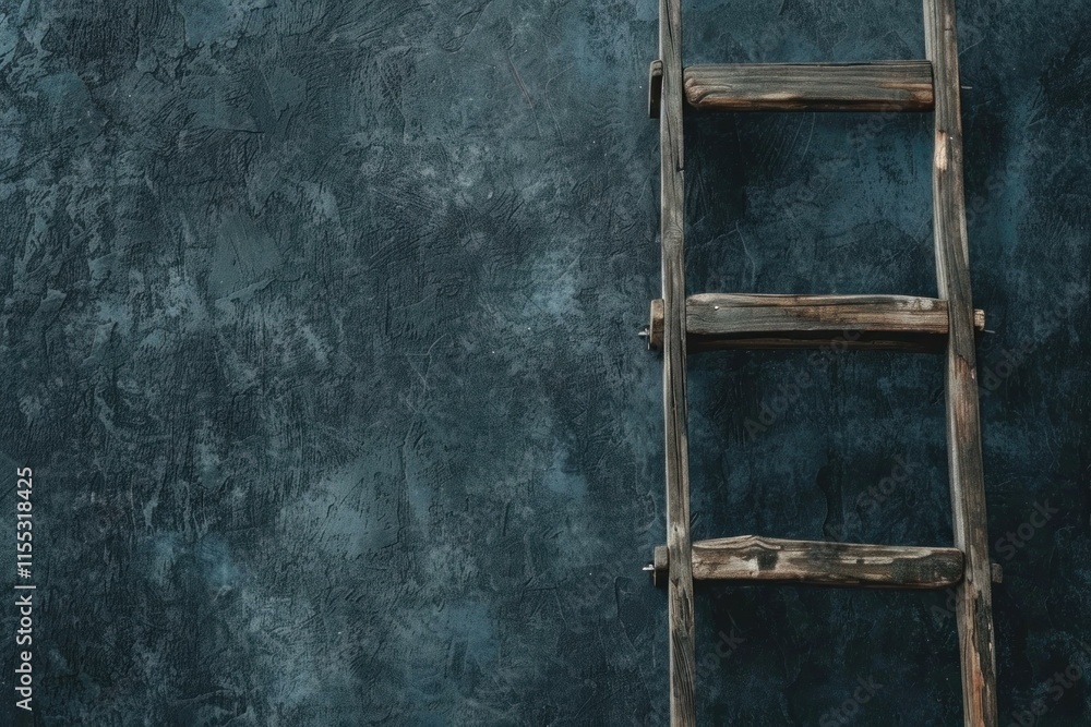 Poster rustic wooden ladder on textured concrete wall, creating a backdrop with space for text or design el