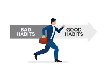 Businessman leave old habits zone to new habits way, bad Habits and good habits choice, Choose a new direction, make a choice concept